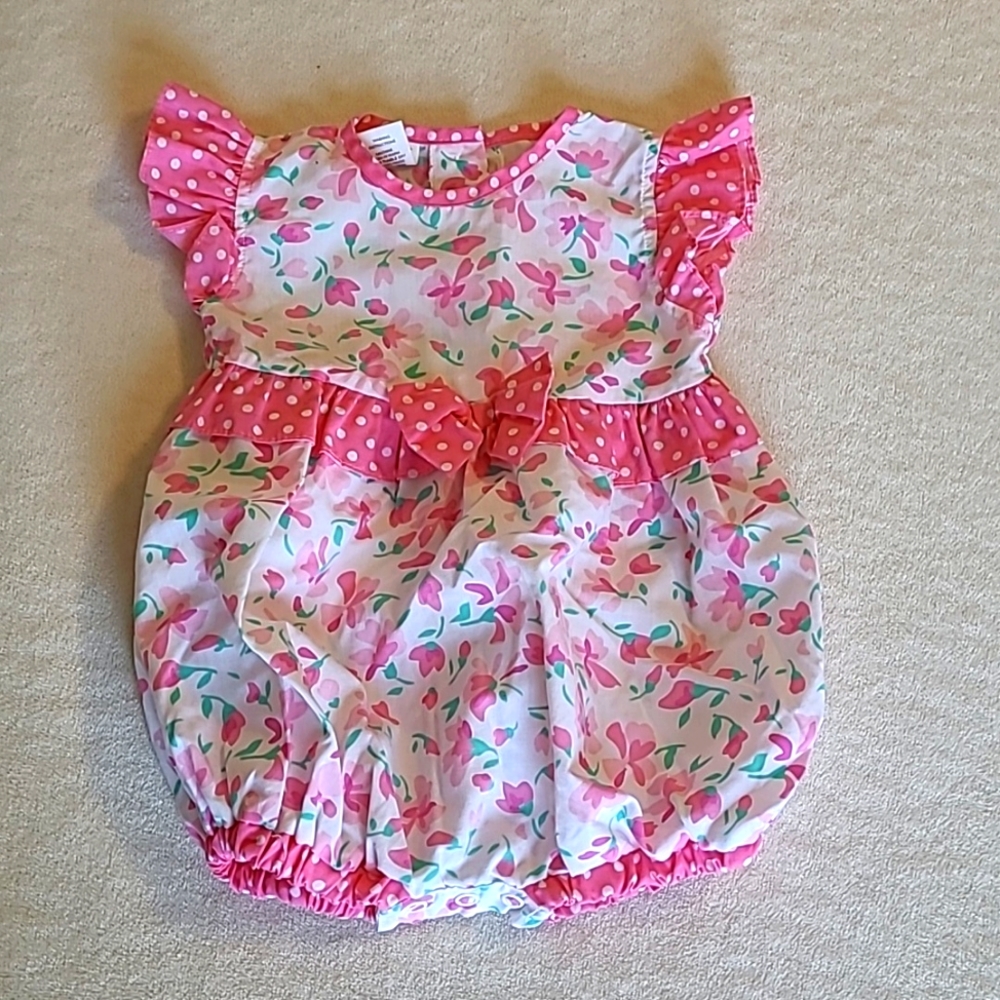 Vintage Cuties By Judy short floral and polka-dot bubble romper W/Ruffles & Bow